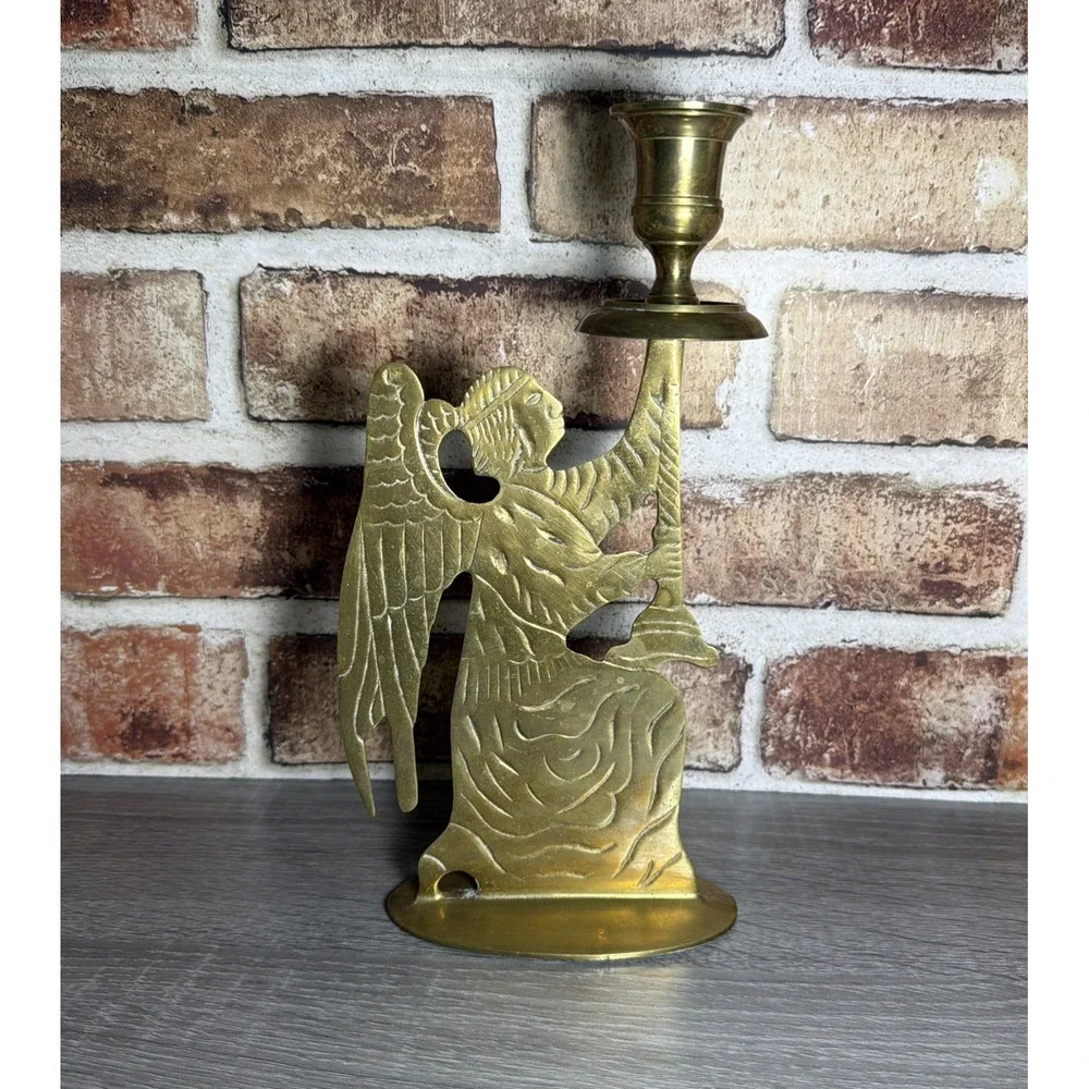 VTG 90s Solid Brass Kneeling Angel Taper Candle Holder Christmas India